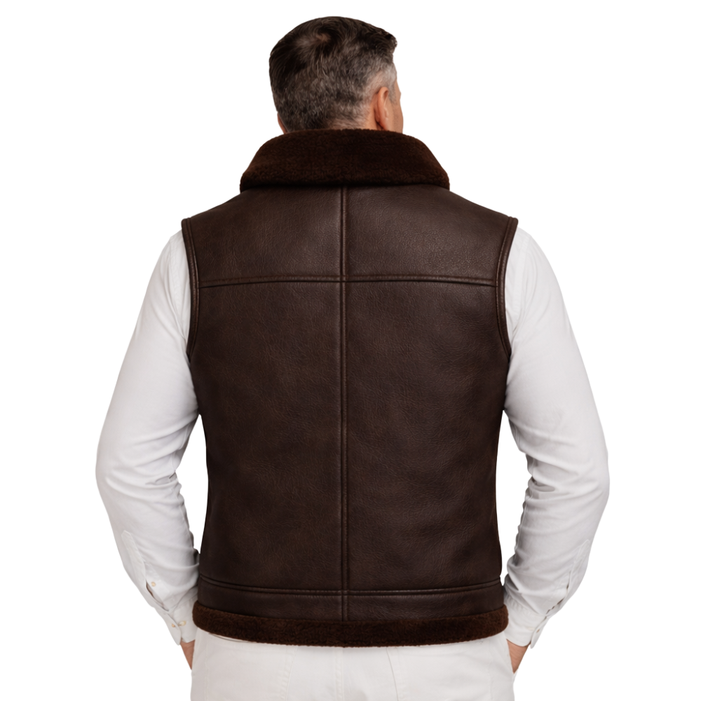 brown sheepskin leather vest with shearling lining for men