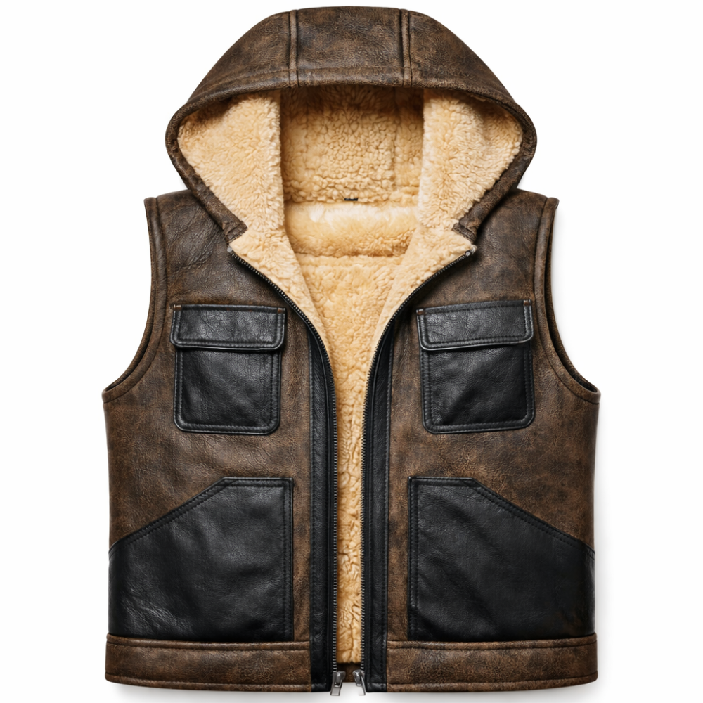 stylish hooded shearling leather vest brown men winter wear