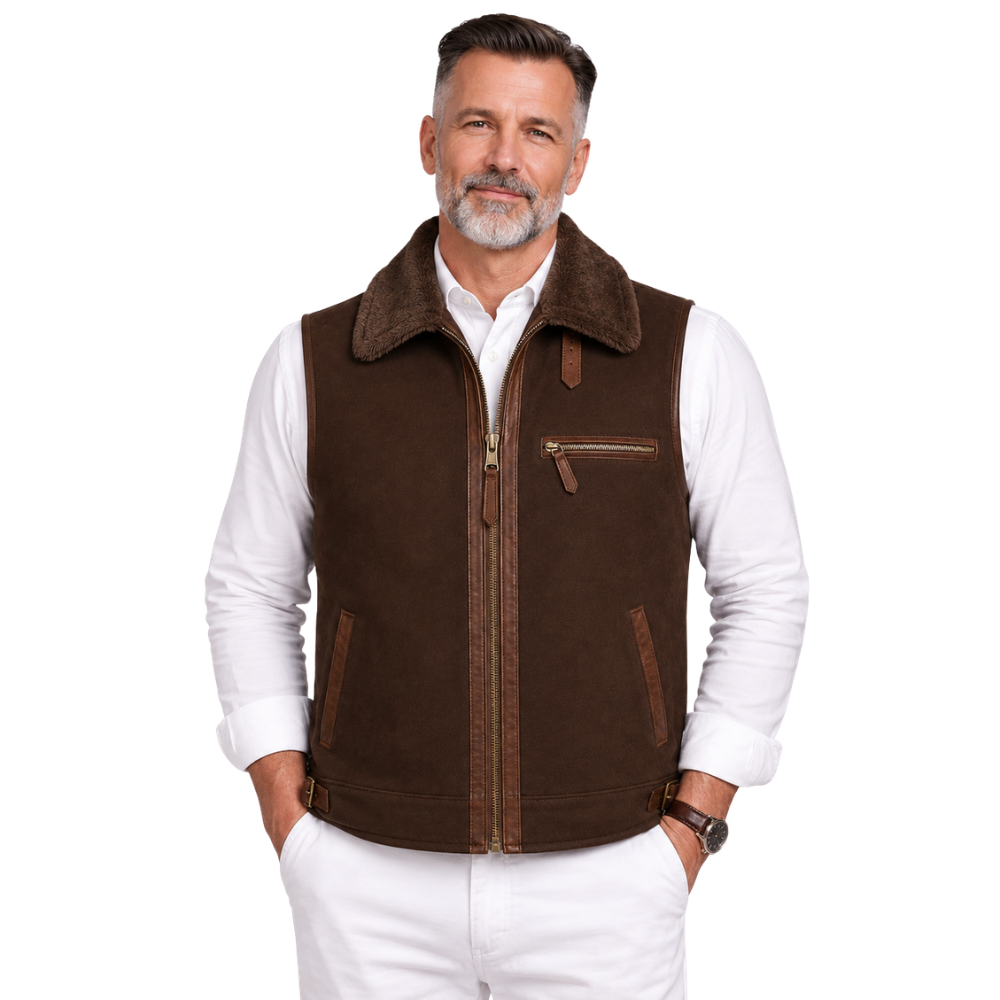 Men’s brown shearling sheepskin leather vest front view