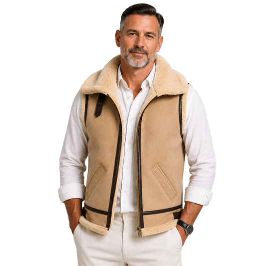 Men’s beige shearling suede leather hooded vest front view