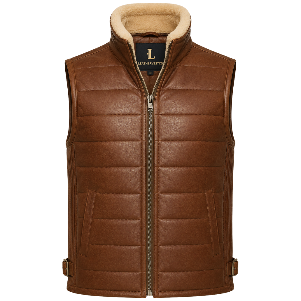 Brown sheepskin zip-up vest for men