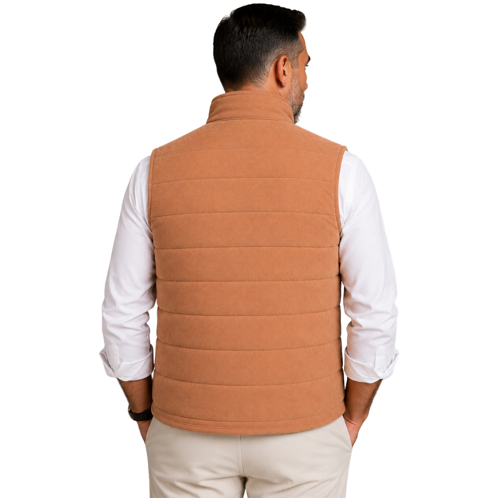 Lightweight suede puffer vest with zipper closure