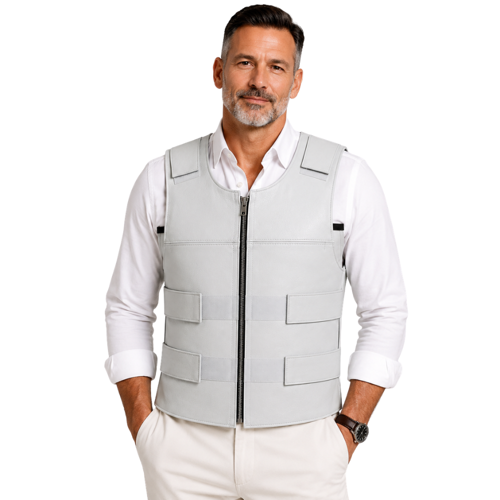 White sleeveless biker vest with zipper closure
