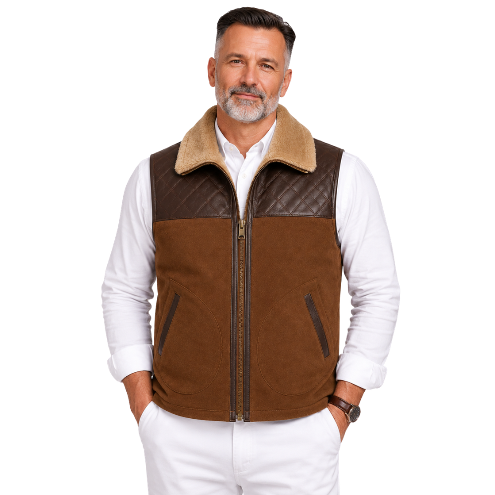 Men’s brown suede sheepskin leather vest front view