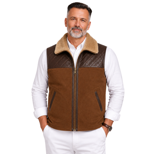 Men’s brown suede sheepskin leather vest front view