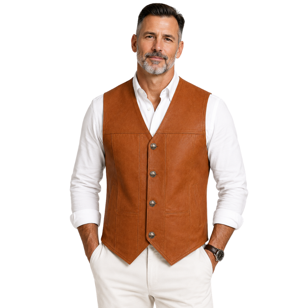 Men’s tan leather western vest front view