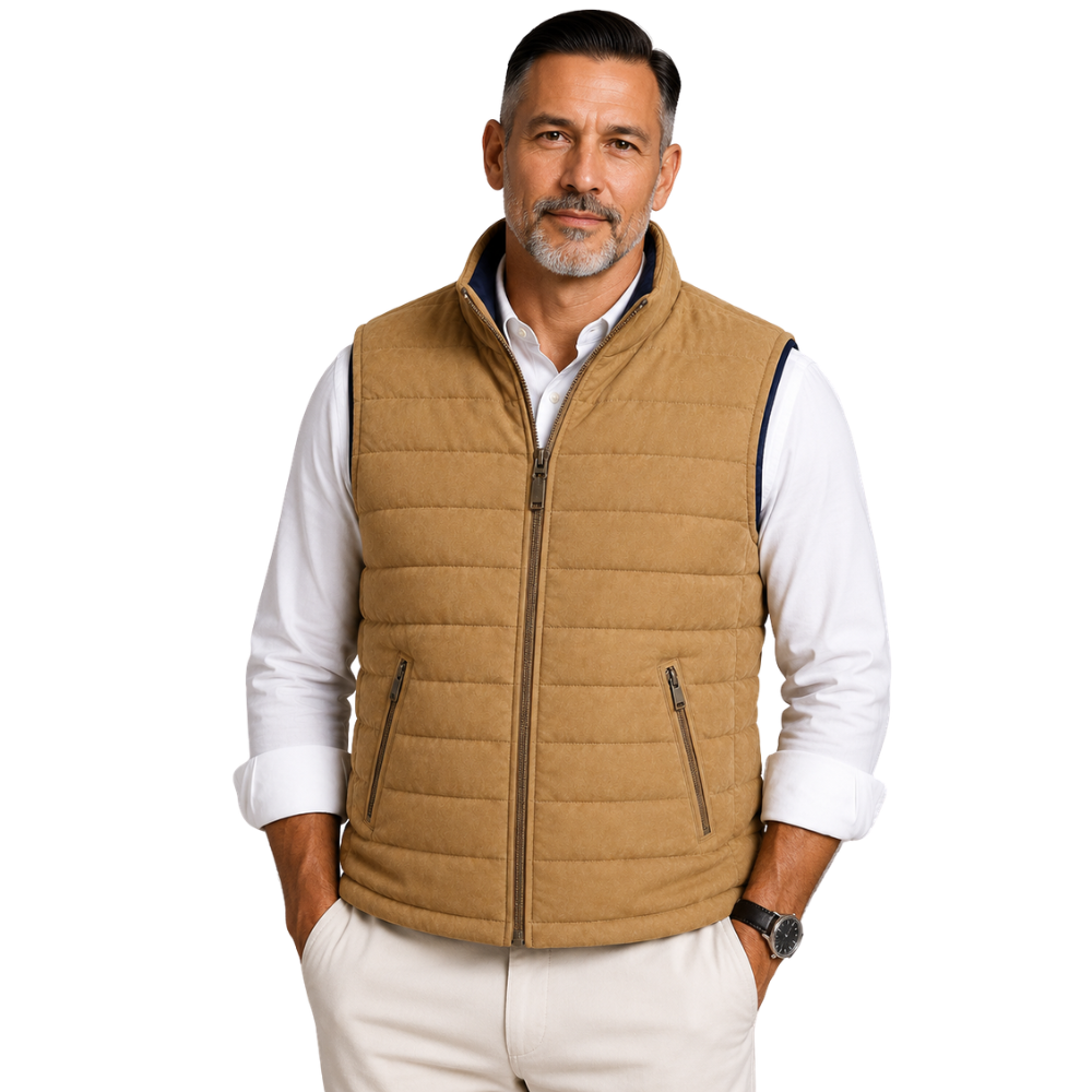 Men’s tan suede puffer vest front view