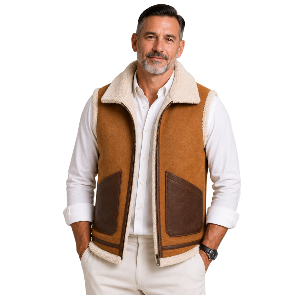 Men’s tan suede shearling leather vest front view