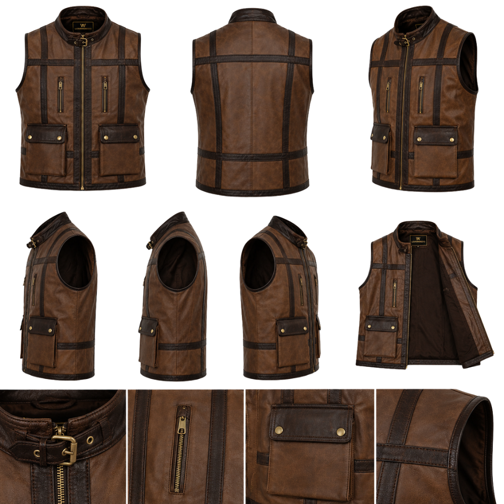 Men’s rugged biker leather vest with stand collar