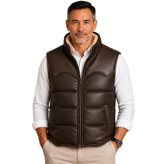 Men's western leather puffer vest with sherpa collar