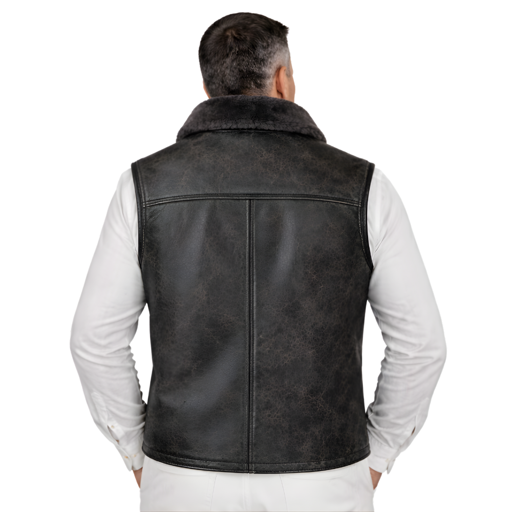 premium mens black sheepskin vest with hood and fur lining
