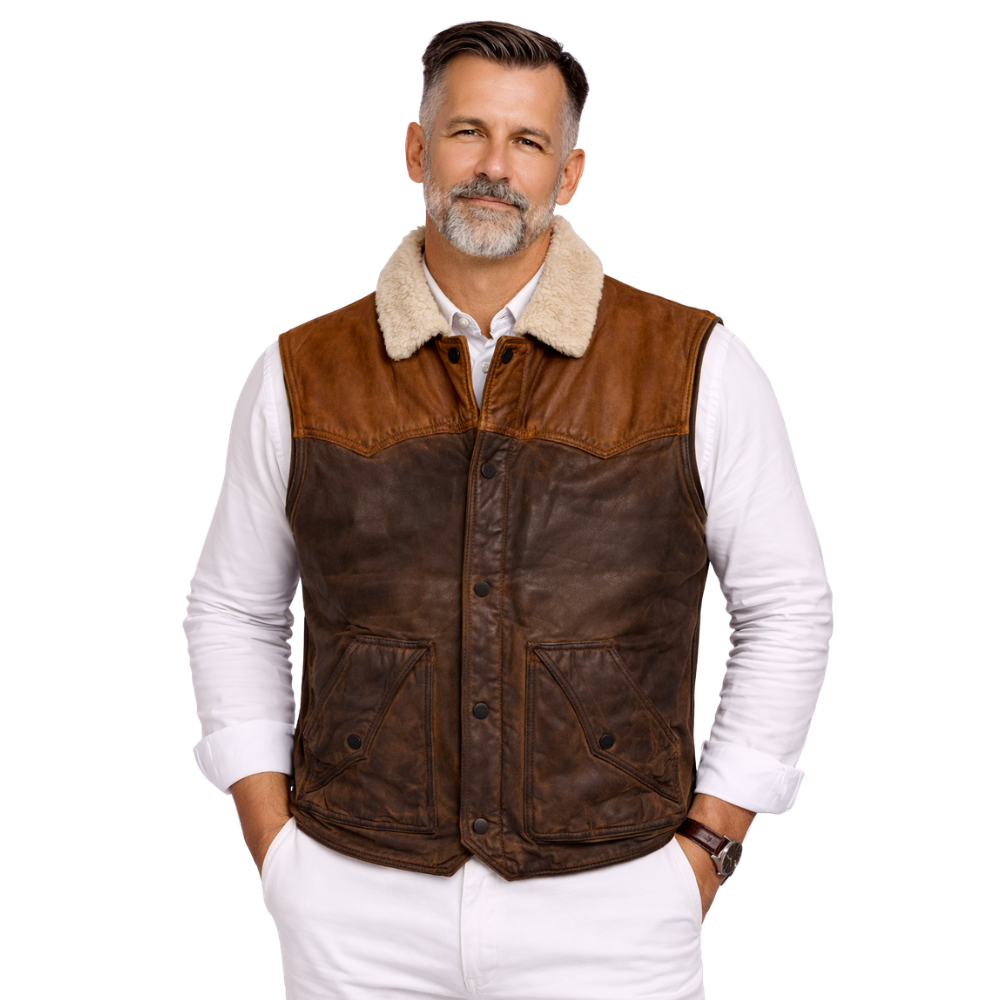premium mens brown leather vest with soft shearling lining