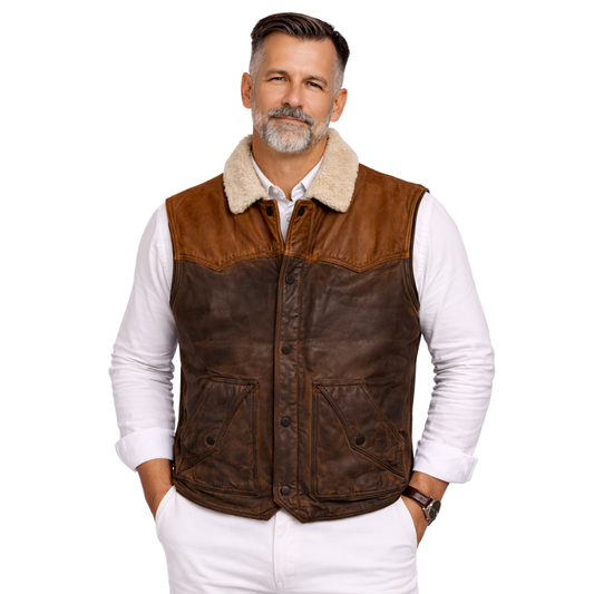 premium mens brown leather vest with soft shearling lining