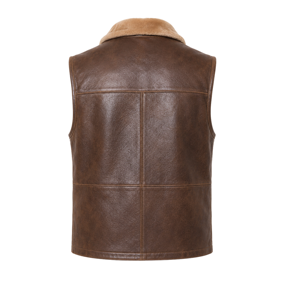 Brown shearling leather vest with zipper closure