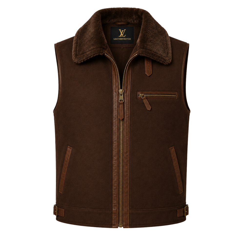 Brown shearling leather vest with zipper closure
