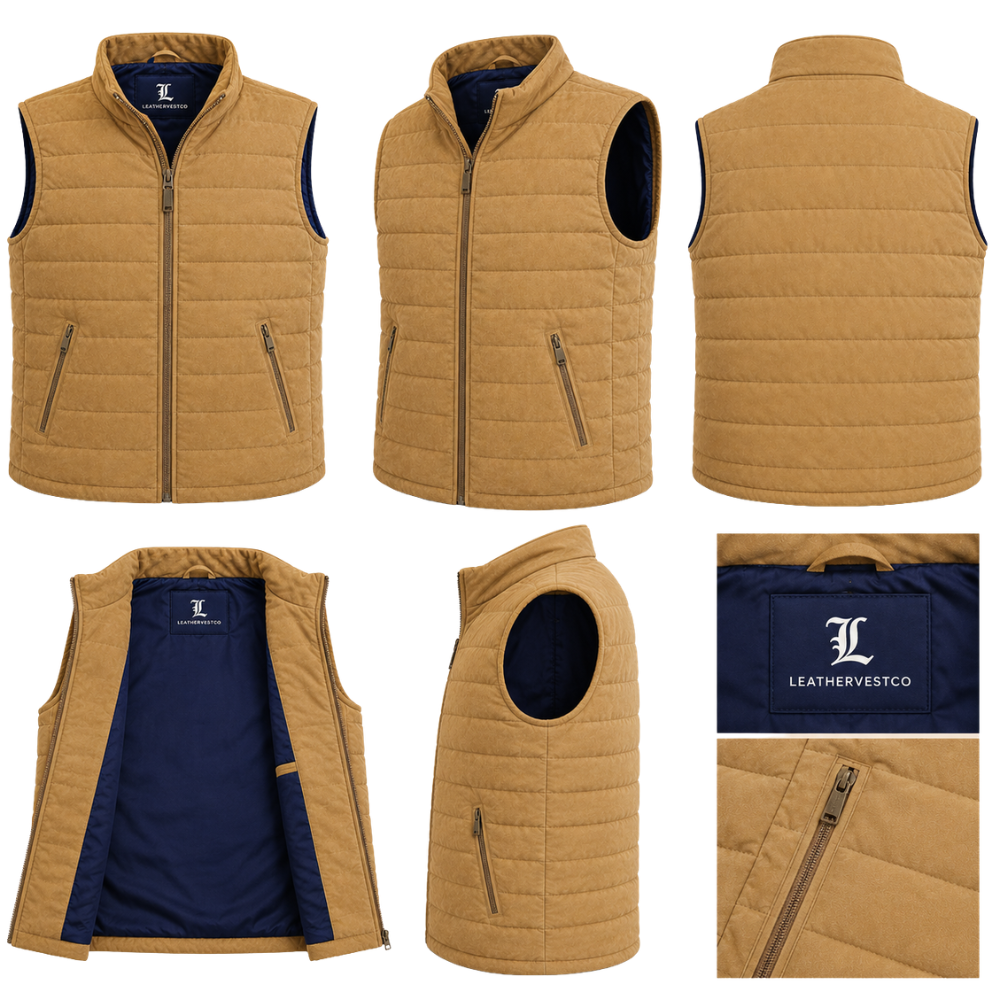 Casual tan suede vest with zip pockets
