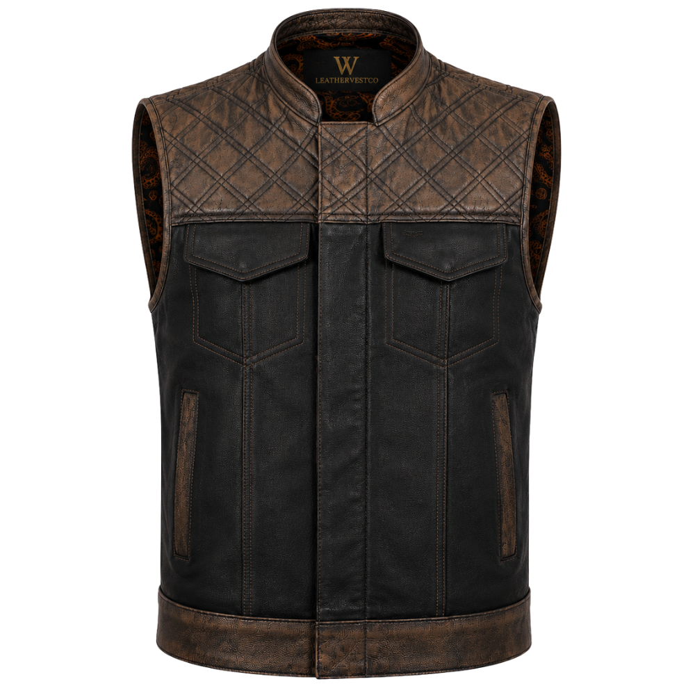 Genuine leather riding vest with contrast panels