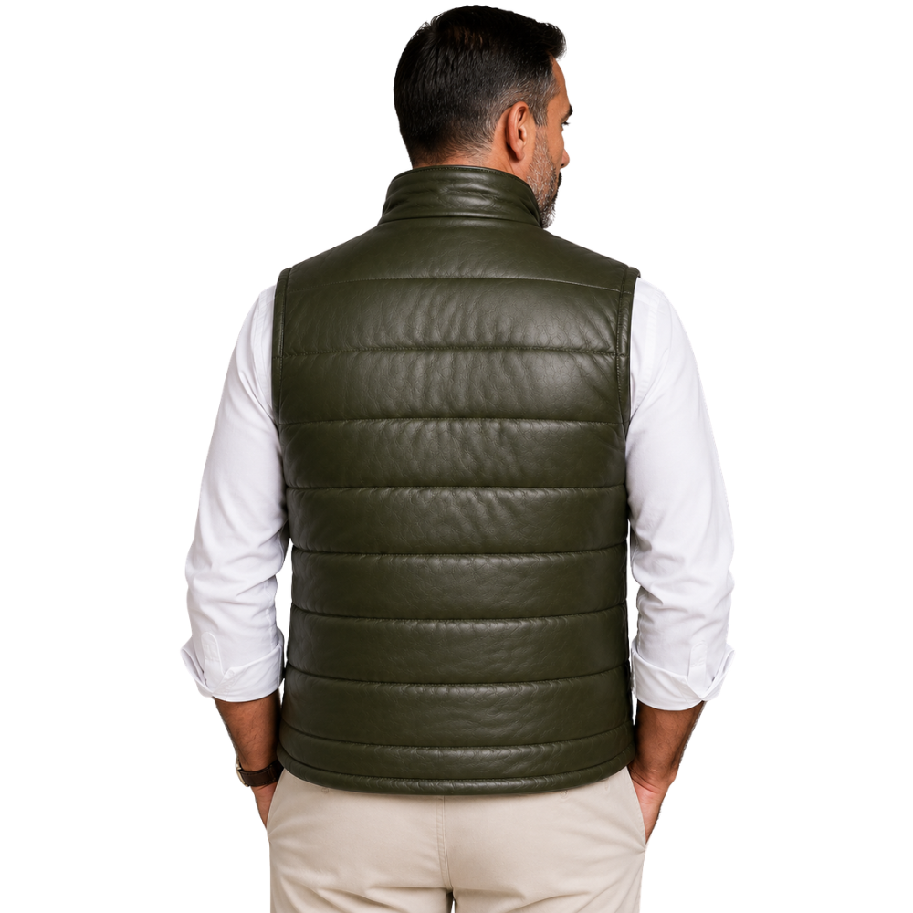 Quilted olive leather sleeveless jacket for men
