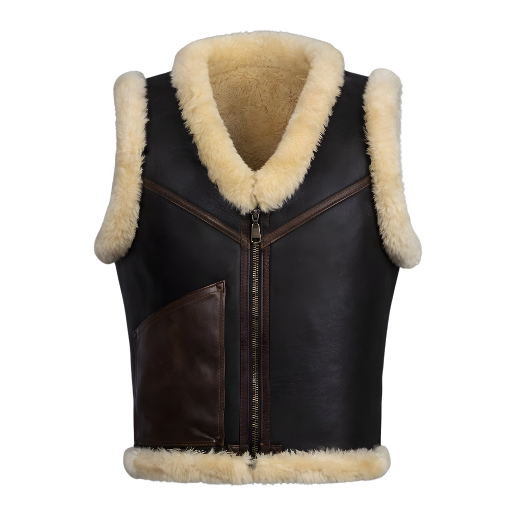 stylish mens black leather vest with shearling fur lining and premium finish