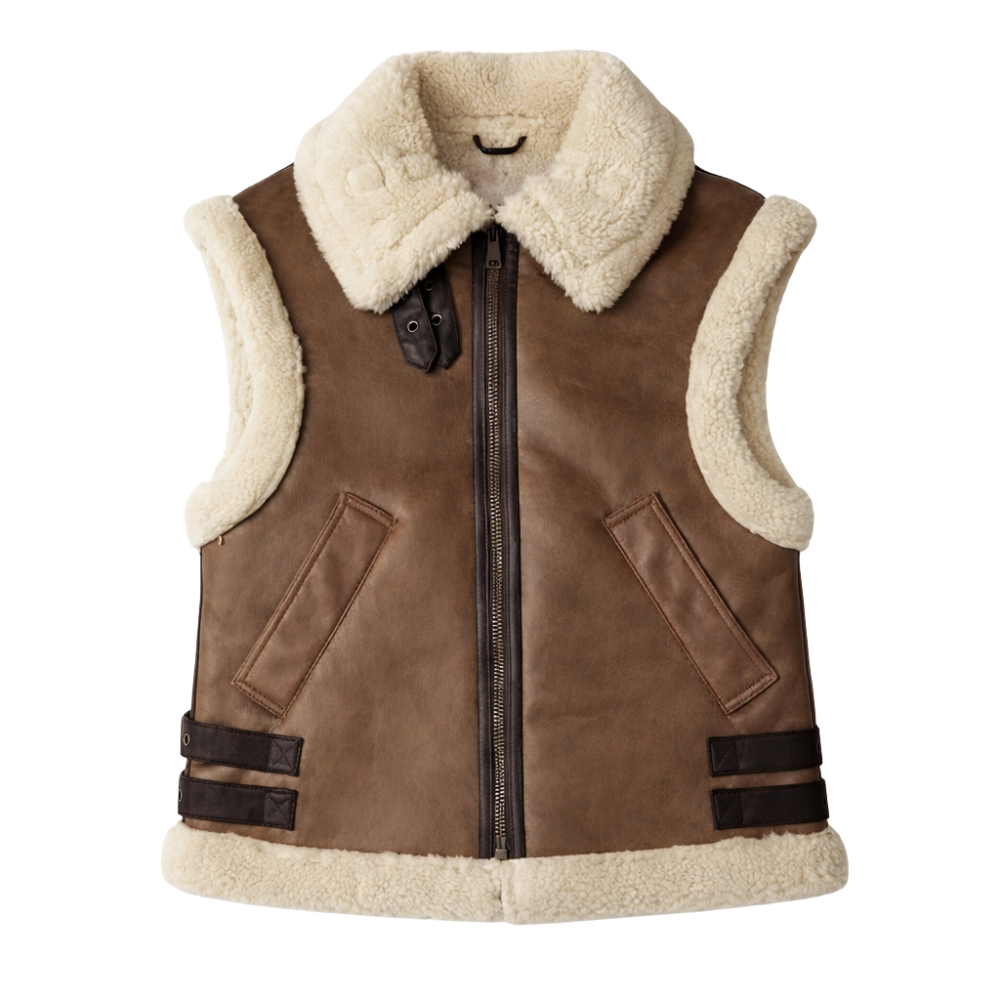 stylish brown shearling collar leather biker vest mens winter fashion