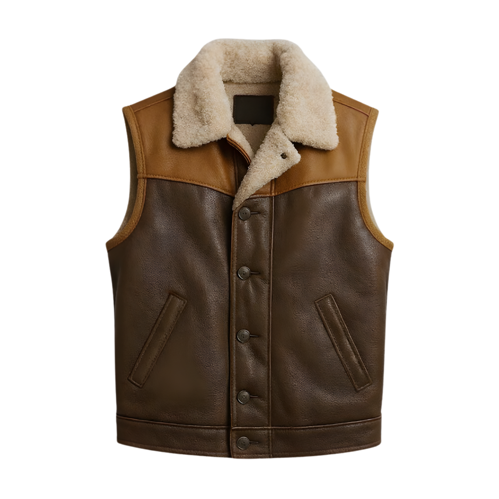 stylish mens brown leather biker vest with soft shearling interior