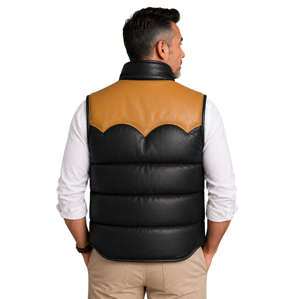 Fur-lined leather puffer vest for men front view