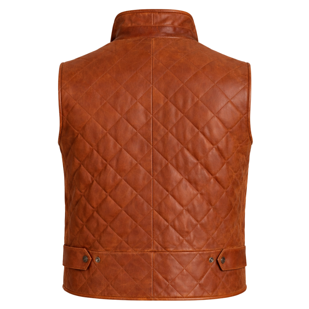 premium brown biker leather vest quilted design for men