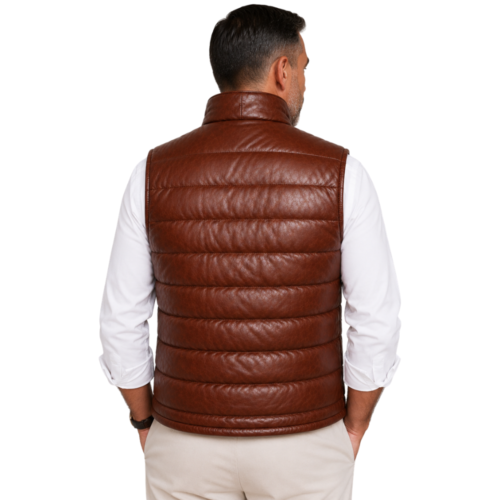 Quilted brown leather winter vest for men