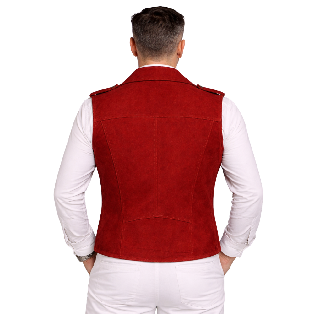 stylish red suede leather biker vest men
