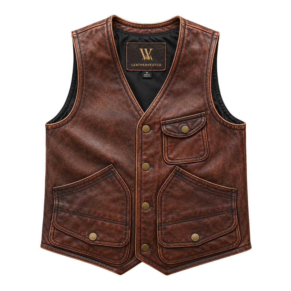 Rugged brown sleeveless leather vest