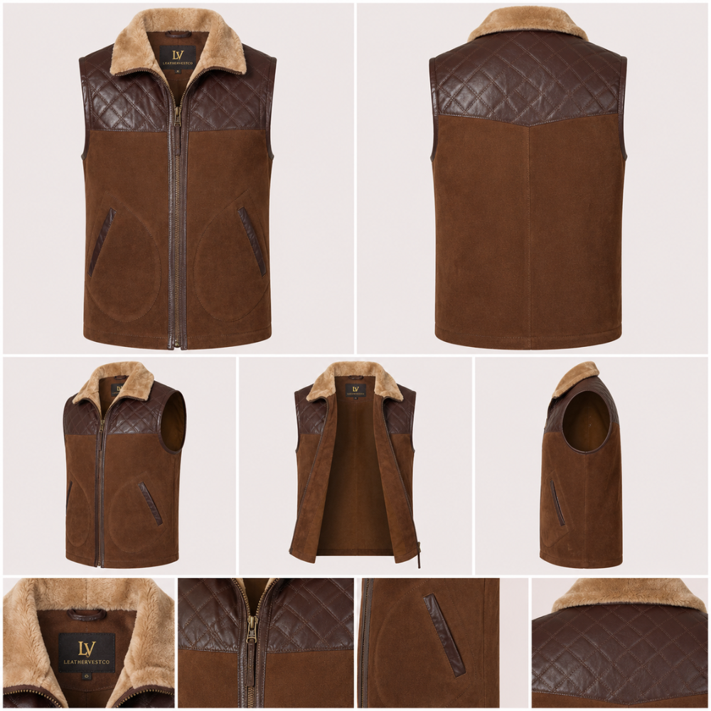 Stylish brown suede leather vest with quilted shoulders