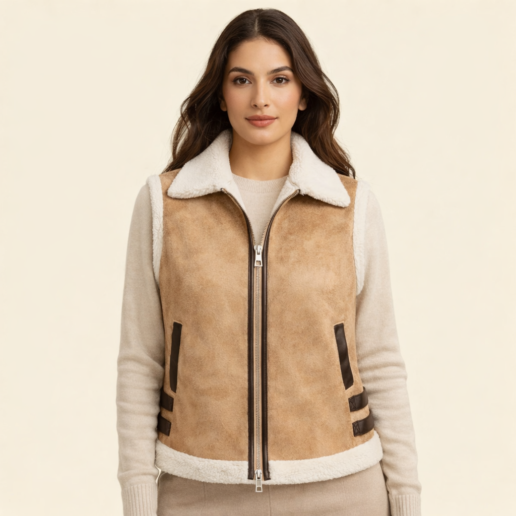 Sheepskin leather vest with shearling lining