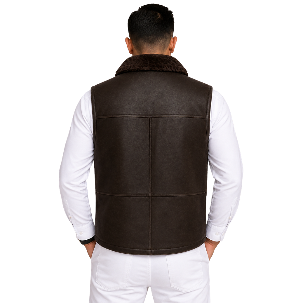 Classic winter leather waistcoat with fur collar