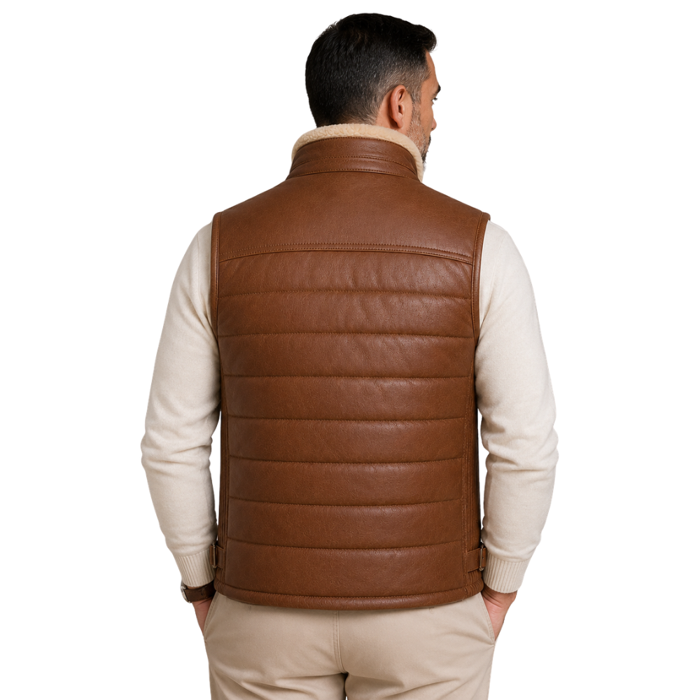 Quilted sheepskin leather vest with sherpa collar