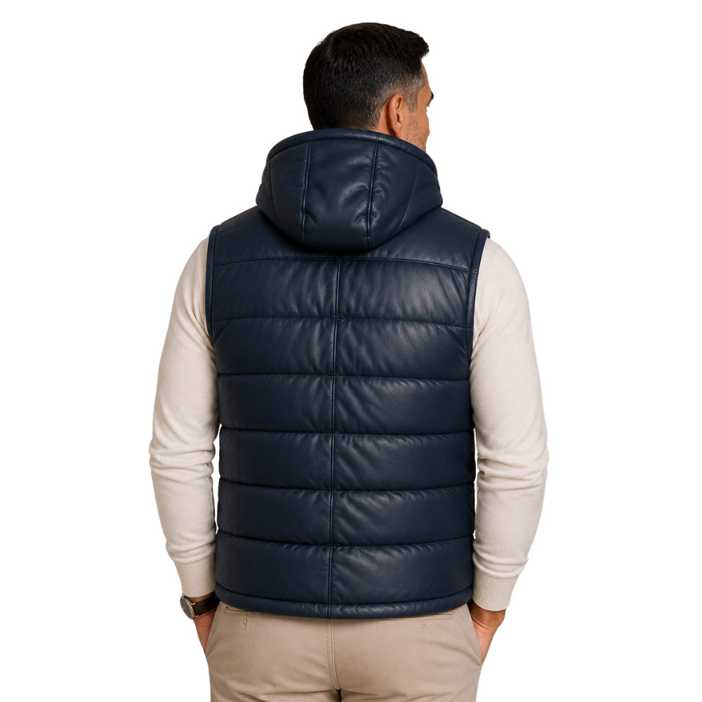 Navy leather puffer vest with sherpa-lined hood