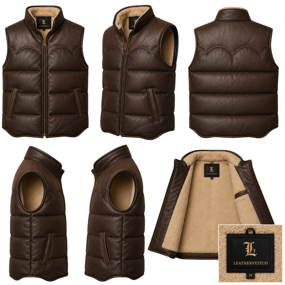 Western leather outerwear with sherpa lining