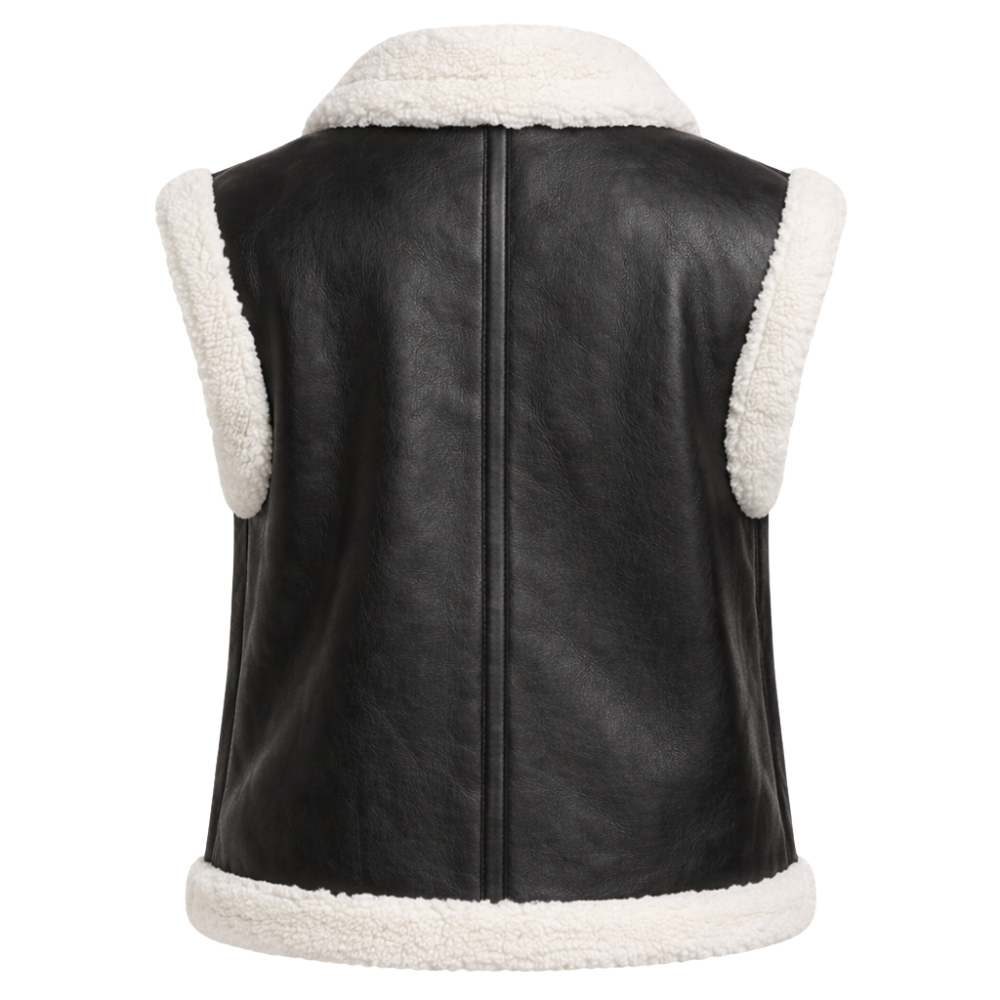 Women’s tailored black vest with zip closure and white faux-shearling trim