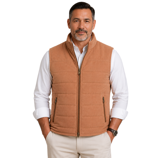 Quilted tan suede sleeveless jacket for men