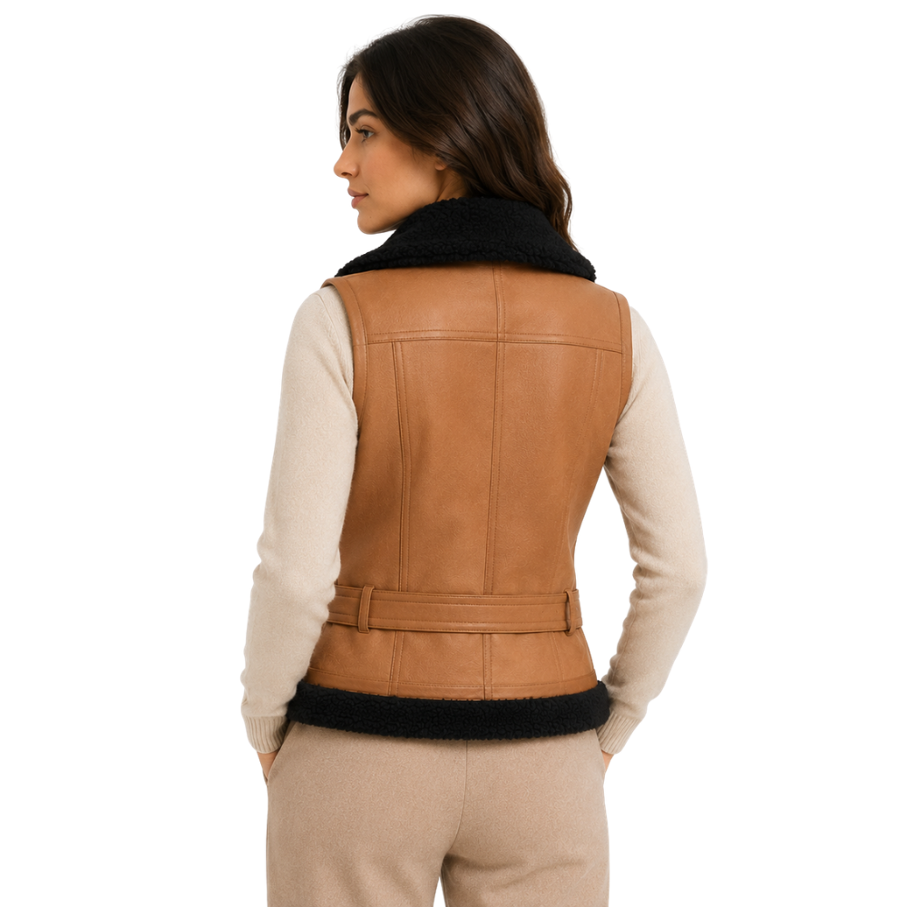 Belted winter leather waistcoat with black fur collar