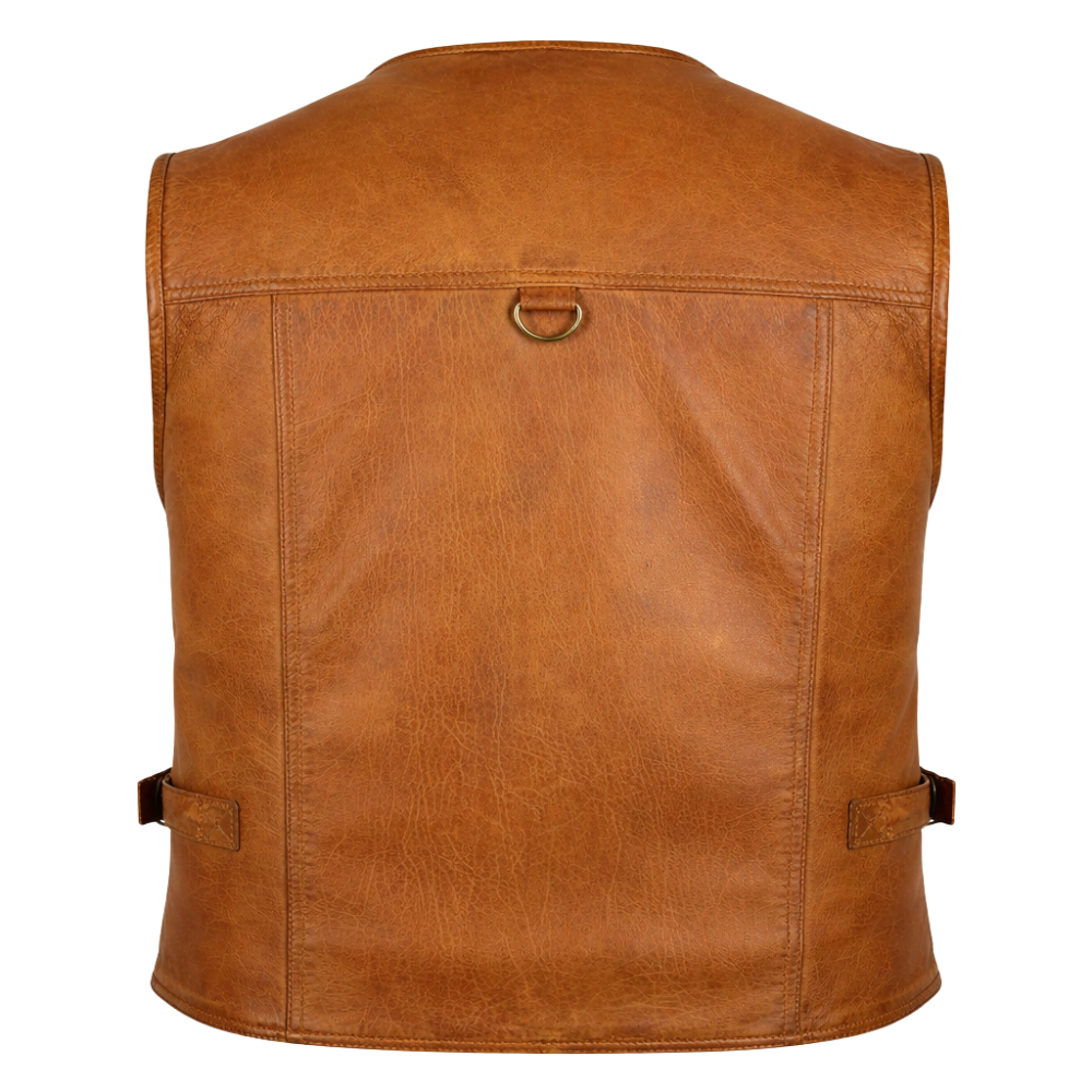 functional brown leather vest with pockets for men outfit