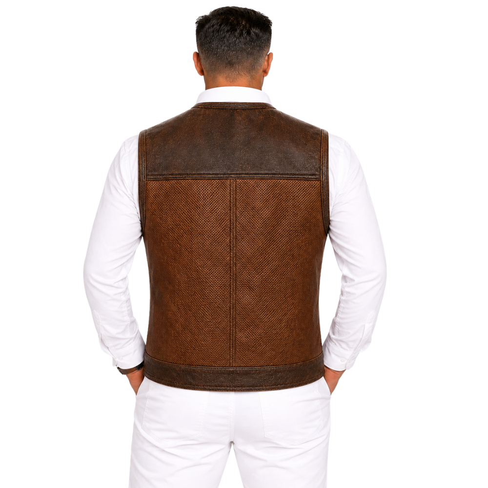 Premium brown biker leather vest with chest pockets