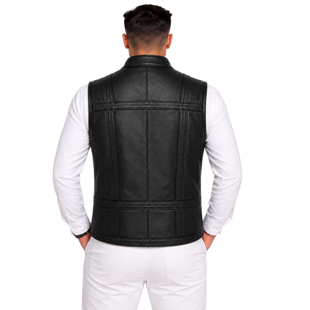 Vintage biker leather utility waistcoat for men