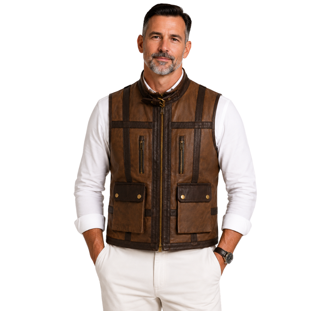 Men’s vintage brown leather motorcycle vest front view