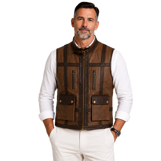 Men’s vintage brown leather motorcycle vest front view