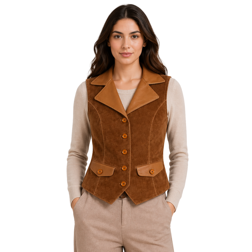 vintage brown suede leather waistcoat for women classic style