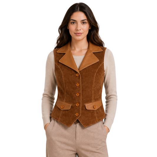 vintage brown suede leather waistcoat for women classic style