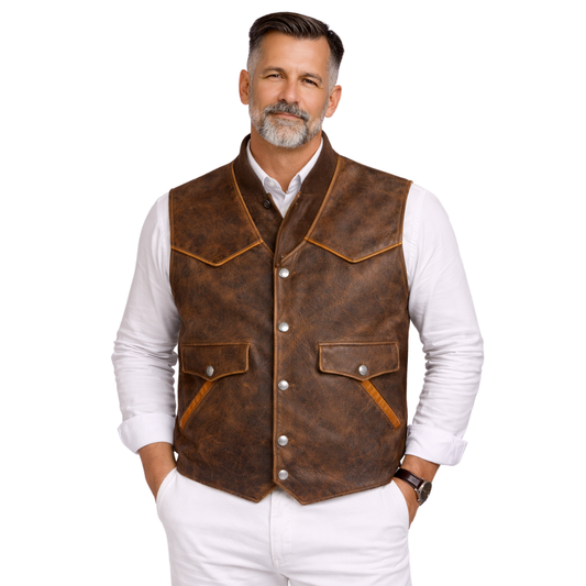 brown vintage western leather vest for men cowboy style