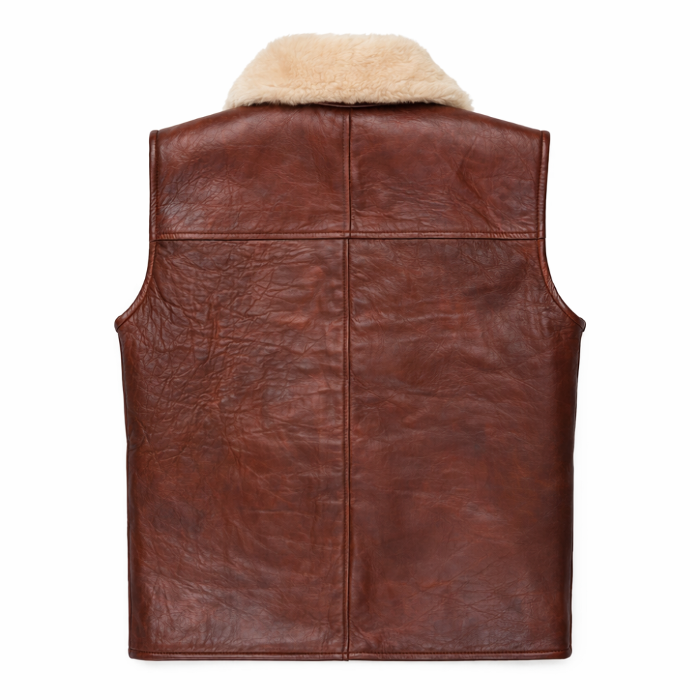 warm vintage brown leather vest with shearling lining men