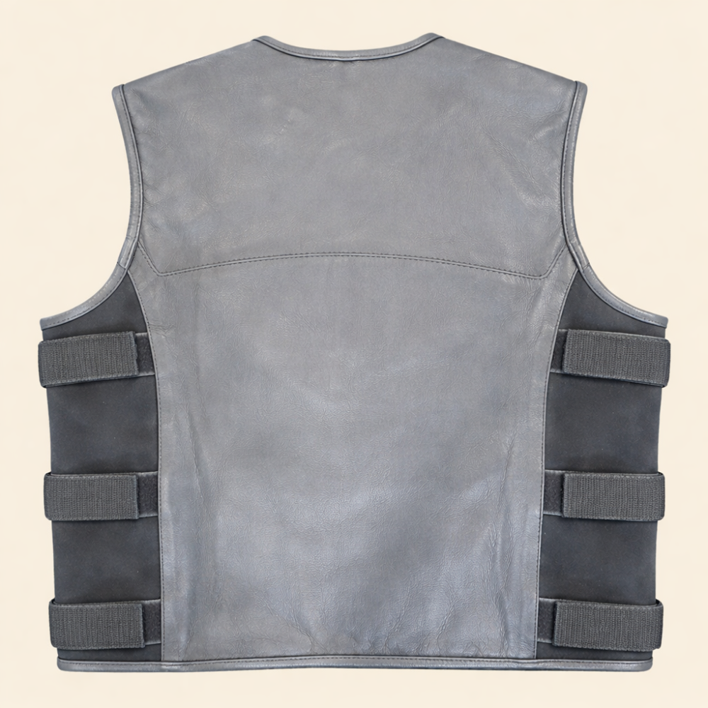 warrior style grey leather vest for men motorcycle outfit