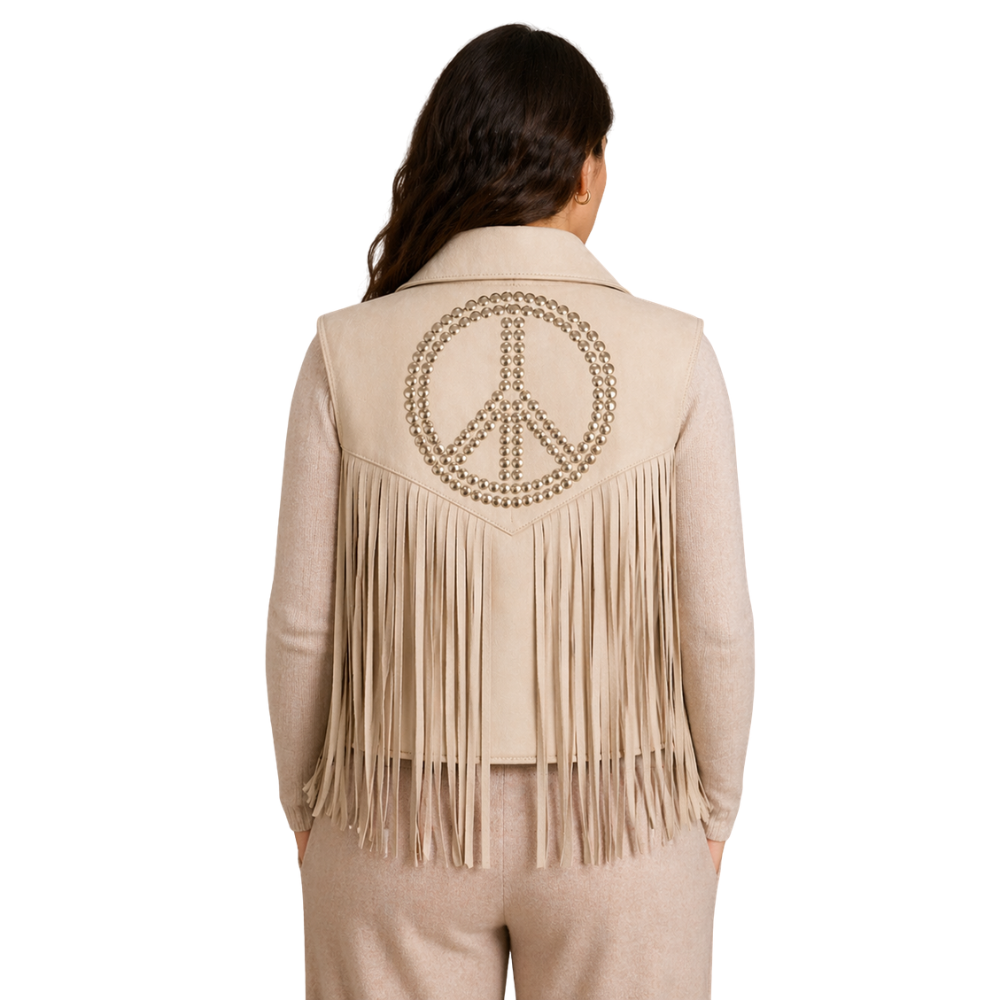 white suede leather vest with fringe Abby style for women
